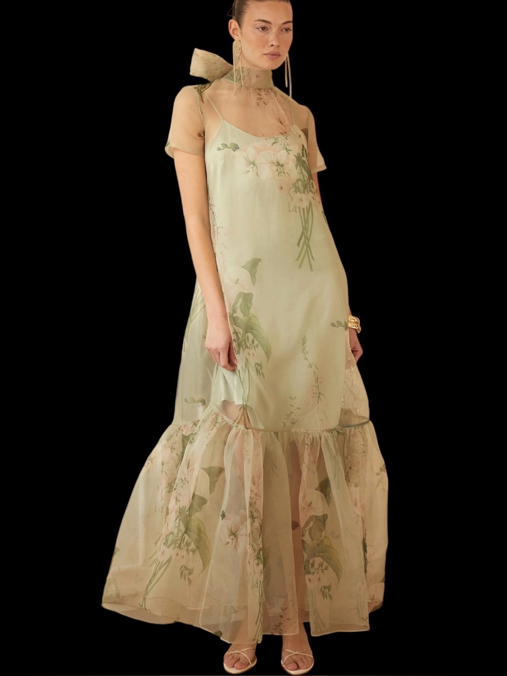 Few Moda Caara Melody Dress Mint Blossom Green Organza Sheer Ruffle Overlay NWT